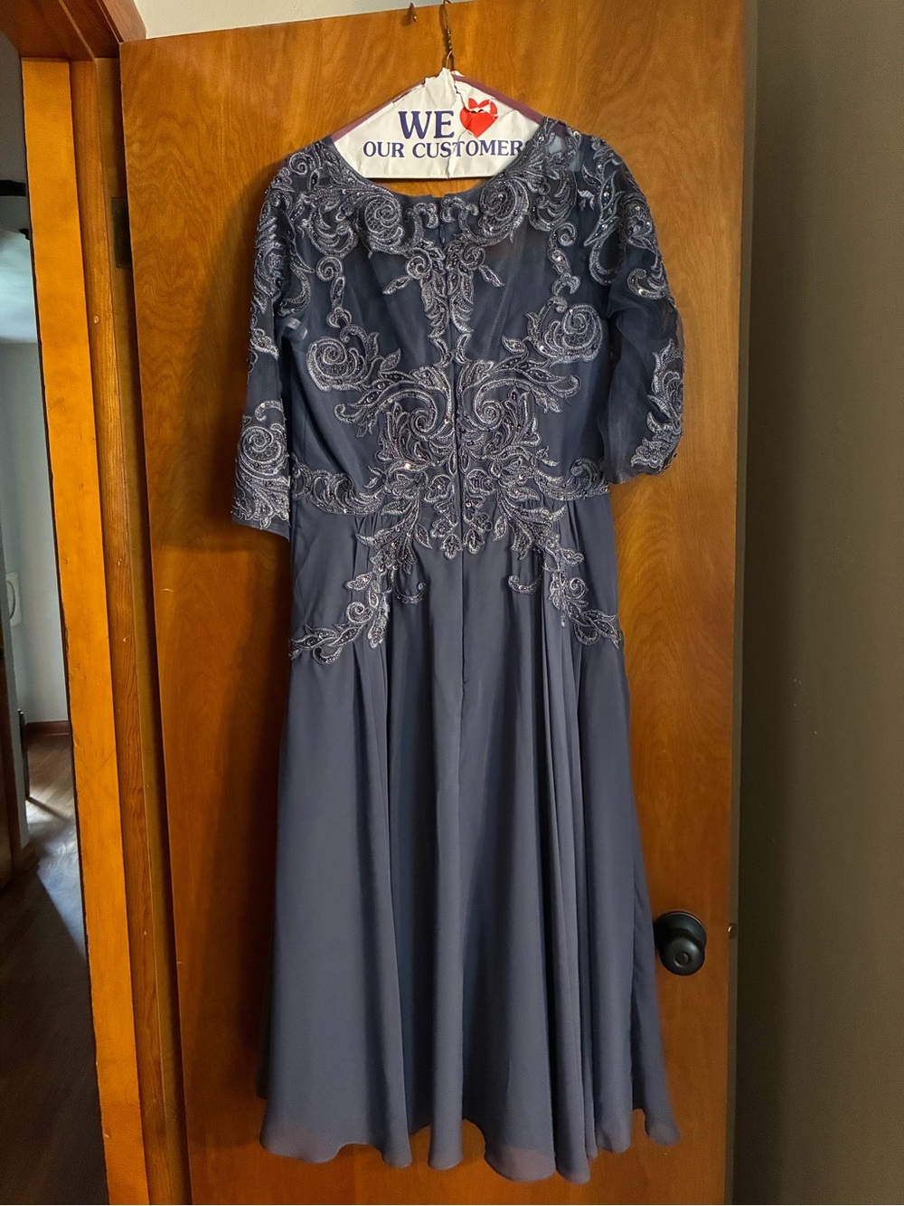 Embroidered Slate Blue Midi Dress with Short Sleeves